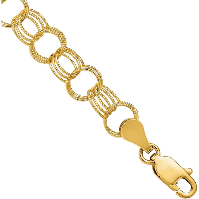 14K Solid Yellow Gold Triple Link Chain Charm Bracelet