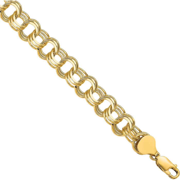 14K Solid Yellow Gold Triple Link Chain Charm Bracelet