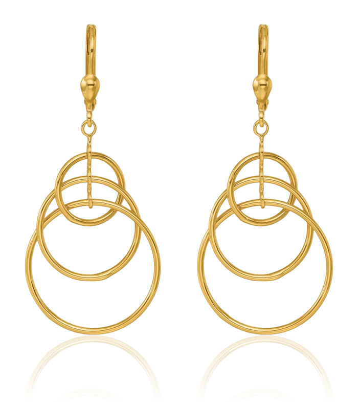 14K Solid Yellow Gold Triple Circle Round Drop Dangle Earrings