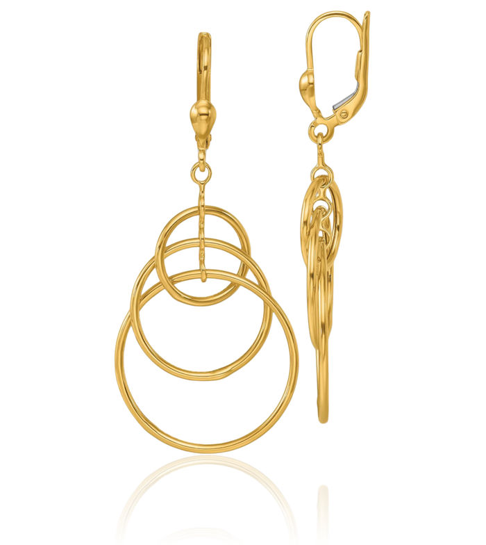 14K Solid Yellow Gold Triple Circle Round Drop Dangle Earrings