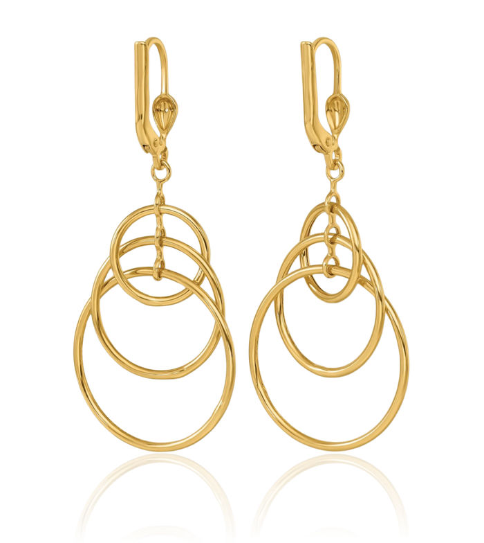 14K Solid Yellow Gold Triple Circle Round Drop Dangle Earrings