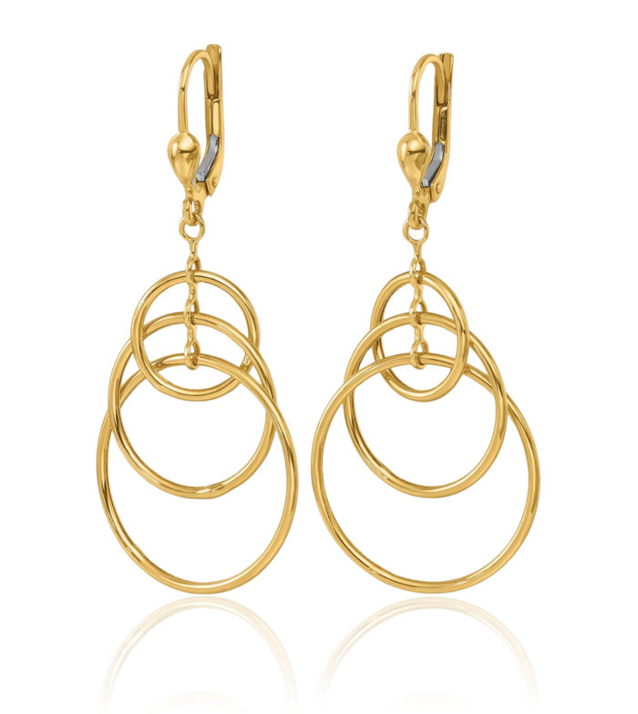 14K Solid Yellow Gold Triple Circle Round Drop Dangle Earrings