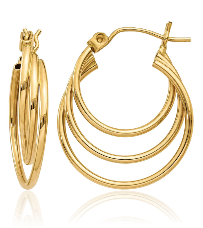 14K Solid Yellow Gold Triple Round Medium Hoop Earrings