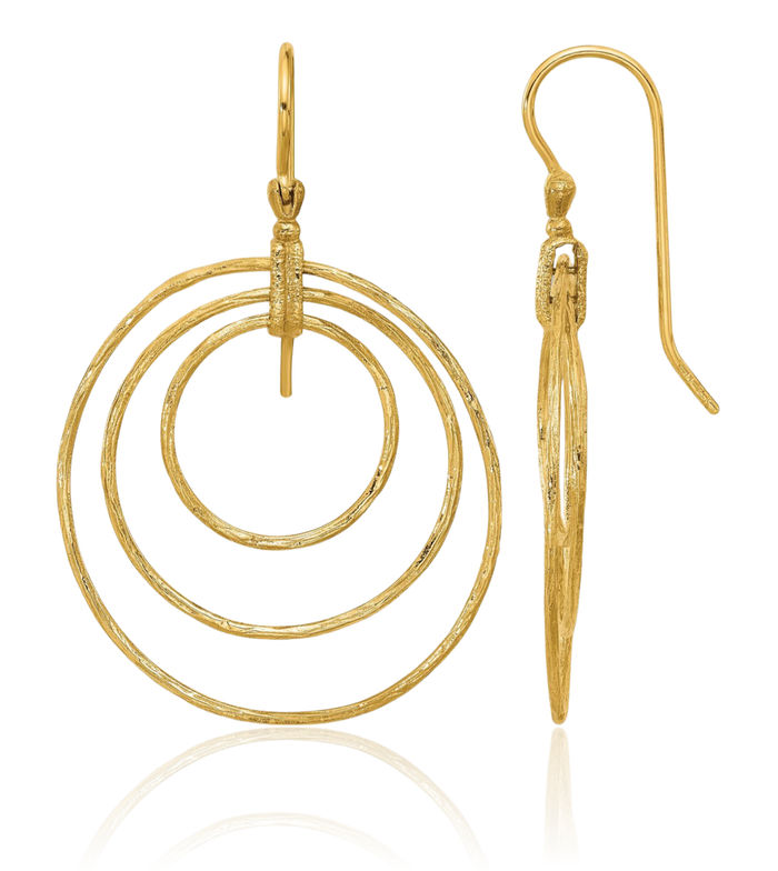 14K Solid Yellow Gold Triple Circle Round Shephard Hook Drop Dangle Earrings