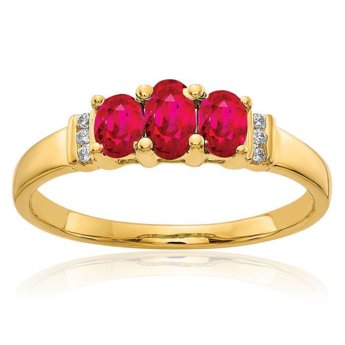 14K Solid Yellow Gold Triple Red Ruby Diamond 3 Stone Ring Gemstone Band July Birthstone Jewelry