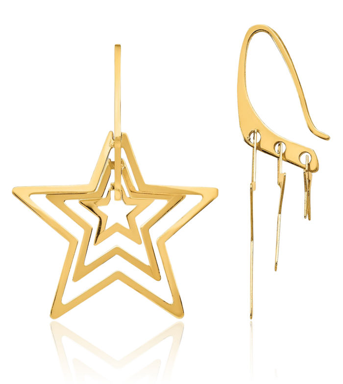 14K Solid Yellow Gold Triple Star Drop Dangle Earrings