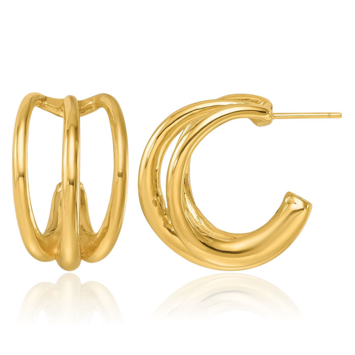 14K Solid Yellow Gold Triple Wire C Hoop Earrings