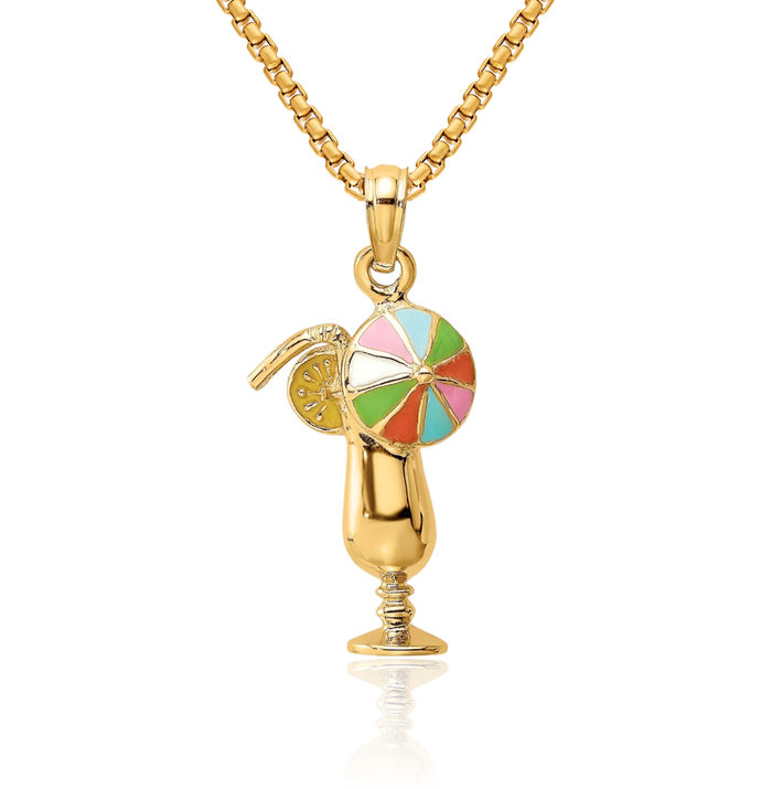 14K Solid Yellow Gold Tropical Drink Multi-color Umbrella Necklace Chain Pendant Charm