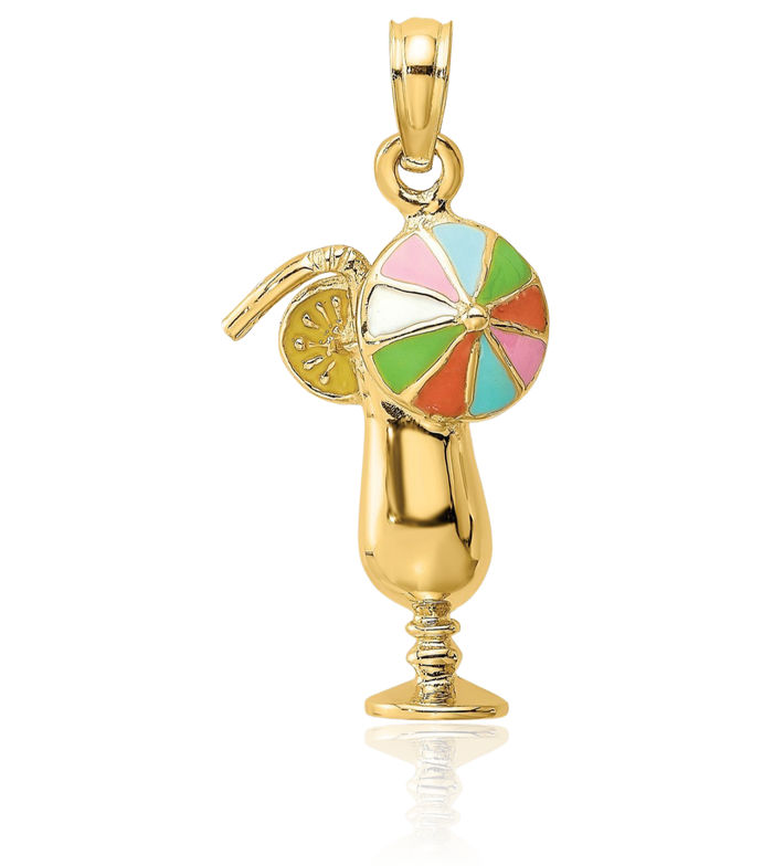 14K Solid Yellow Gold Tropical Drink Multi-color Umbrella Necklace Chain Pendant Charm