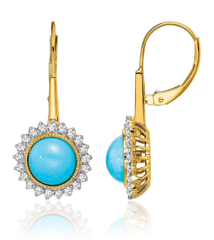 14K Solid Yellow Gold Blue Turquoise Diamond Drop Dangle Earrings