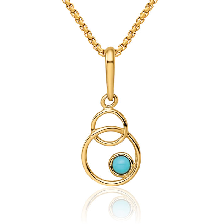 14K Solid Yellow Gold Synthetic Blue Turquoise Circle Round Necklace Charm Gemstone Pendant
