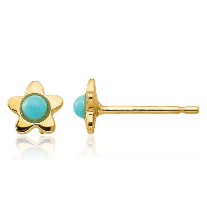 14K Solid Yellow Gold Blue Turquoise Star Stud Earrings