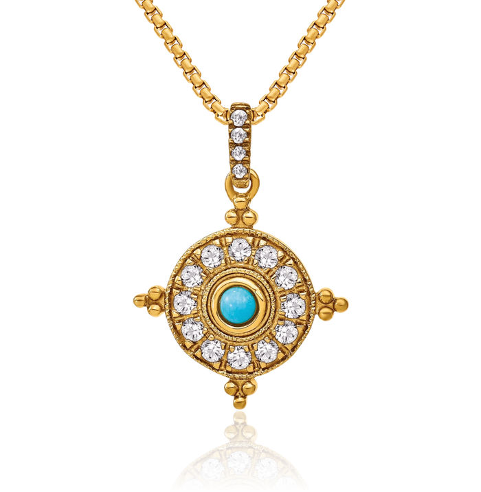 14K Solid Yellow Gold Blue Turquoise White Topaz Necklace Charm Gemstone Pendant