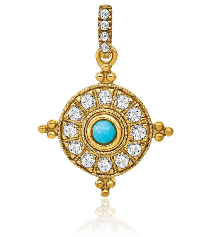 14K Solid Yellow Gold Blue Turquoise White Topaz Necklace Charm Gemstone Pendant