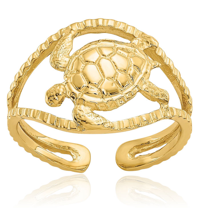 14K Solid Yellow Gold Sea Turtle Adjustable Toe Ring Open Midi Band Summer Beach Jewelry