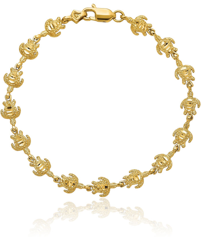 14K Solid Yellow Gold Sea Turtle Chain Charm Bracelet