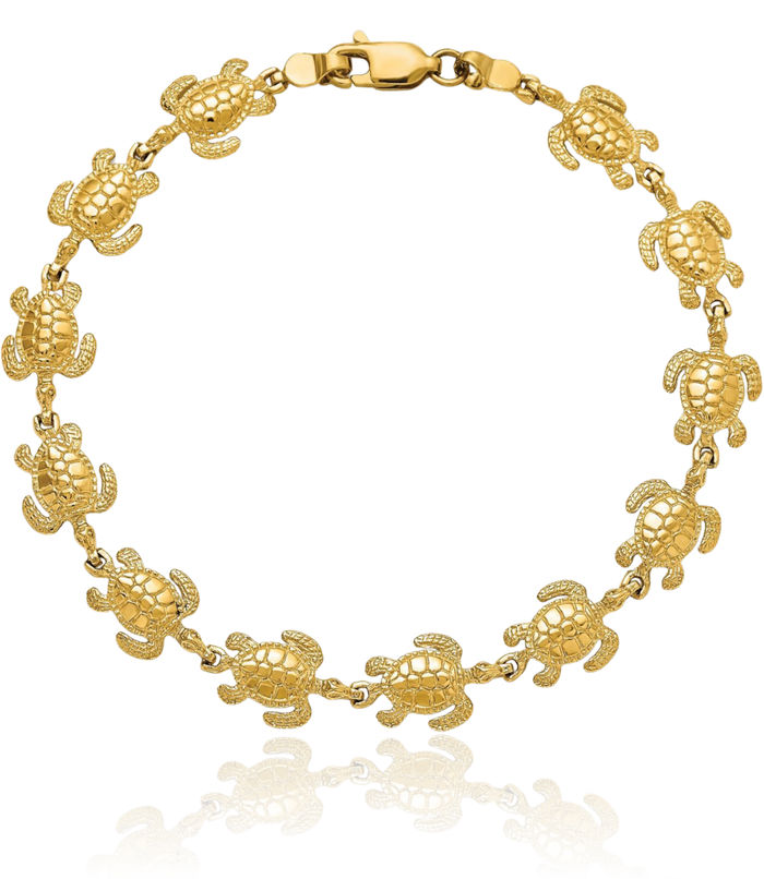 14K Solid Yellow Gold Sea Turtle Chain Charm Bracelet