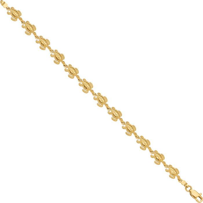 14K Solid Yellow Gold Sea Turtle Chain Charm Bracelet