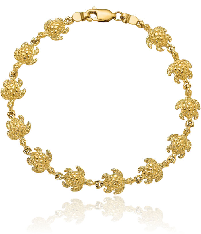 14K Solid Yellow Gold Sea Turtle Chain Charm Bracelet