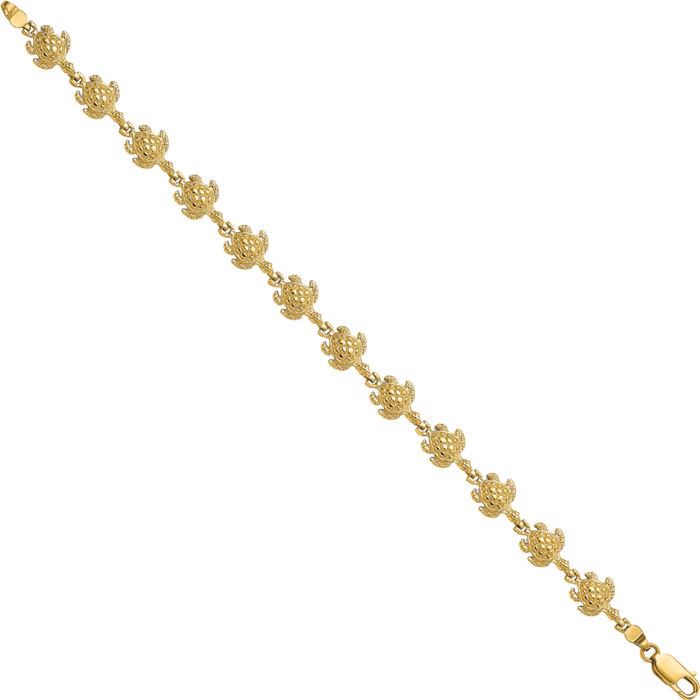 14K Solid Yellow Gold Sea Turtle Chain Charm Bracelet