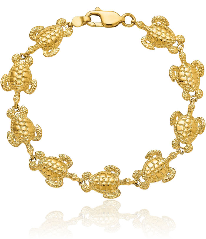 14K Solid Yellow Gold Sea Turtle Chain Charm Bracelet