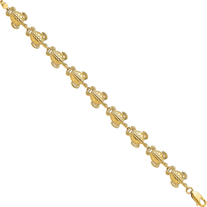 14K Solid Yellow Gold Sea Turtle Chain Charm Bracelet