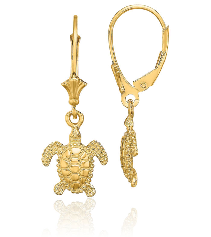 14K Solid Yellow Gold Sea Turtle Drop Dangle Earrings