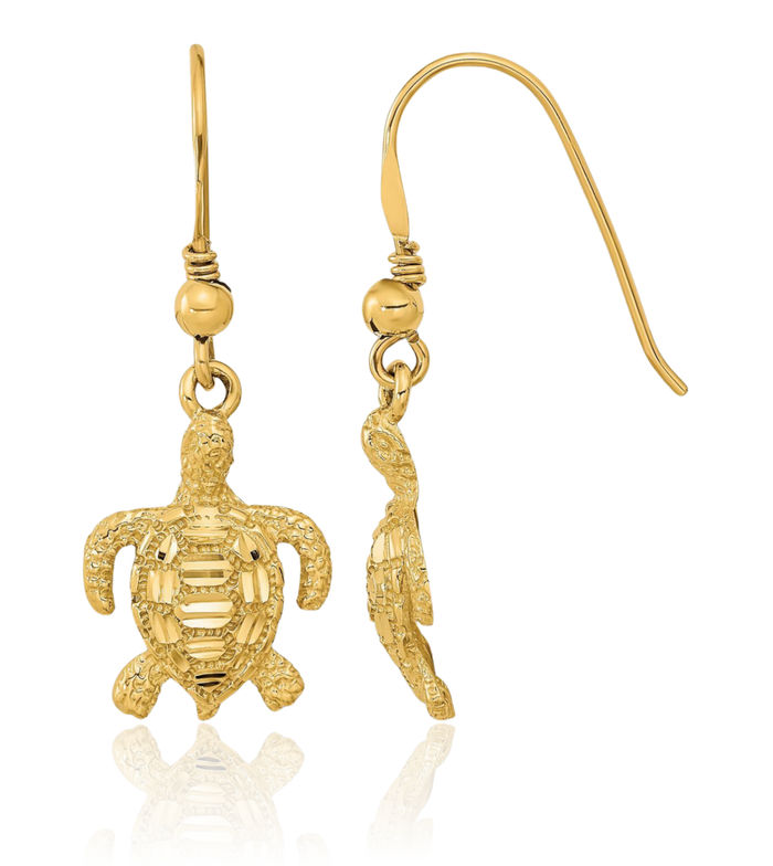 14K Solid Yellow Gold Sea Turtle Drop Dangle Earrings