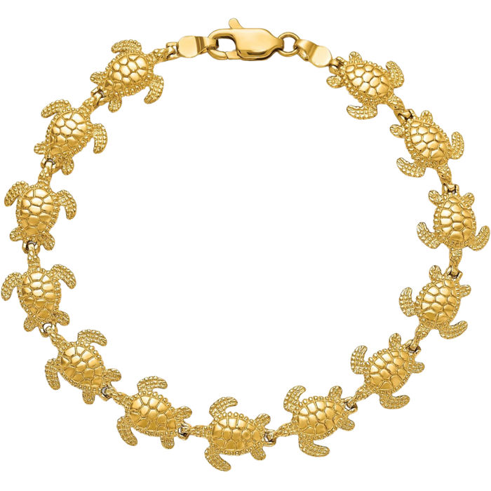 14K Solid Yellow Gold Sea Turtle Link Chain Charm Bracelet