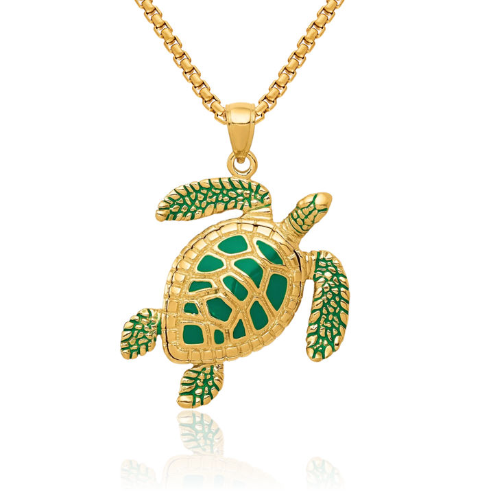 14K Solid Yellow Gold Sea Turtle Necklace Chain Pendant Charm