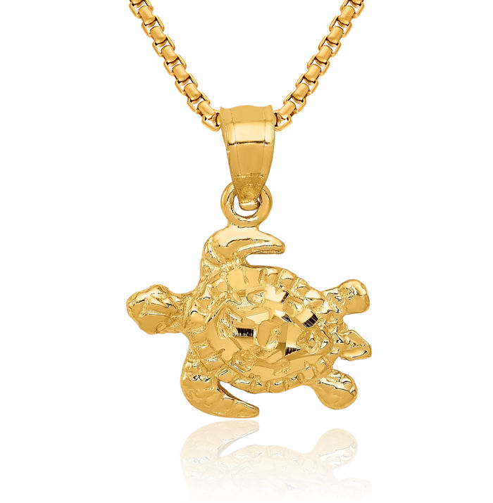 14K Solid Yellow Gold Sea Turtle Necklace Chain Pendant Charm