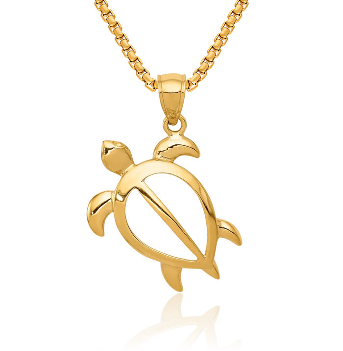 14K Solid Yellow Gold Sea Turtle Necklace Chain Pendant Charm