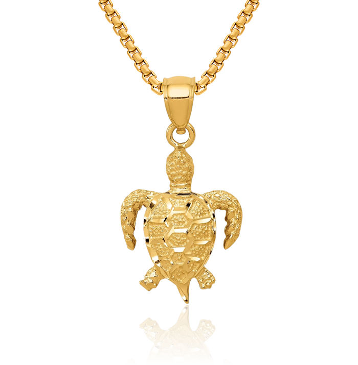 14K Solid Yellow Gold Sea Turtle Necklace Chain Pendant Charm