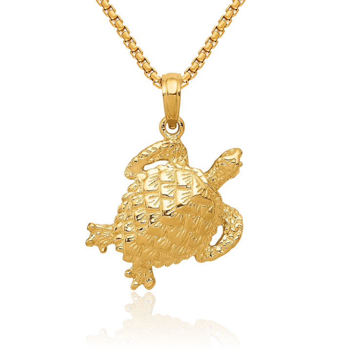 14K Solid Yellow Gold Sea Turtle Necklace Chain Pendant Charm