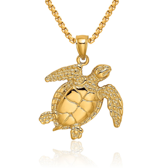 14K Solid Yellow Gold Sea Turtle Necklace Chain Pendant Charm