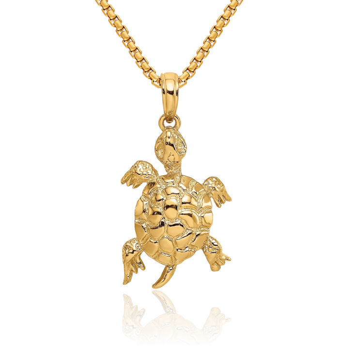 14K Solid Yellow Gold Sea Turtle Necklace Chain Pendant Charm