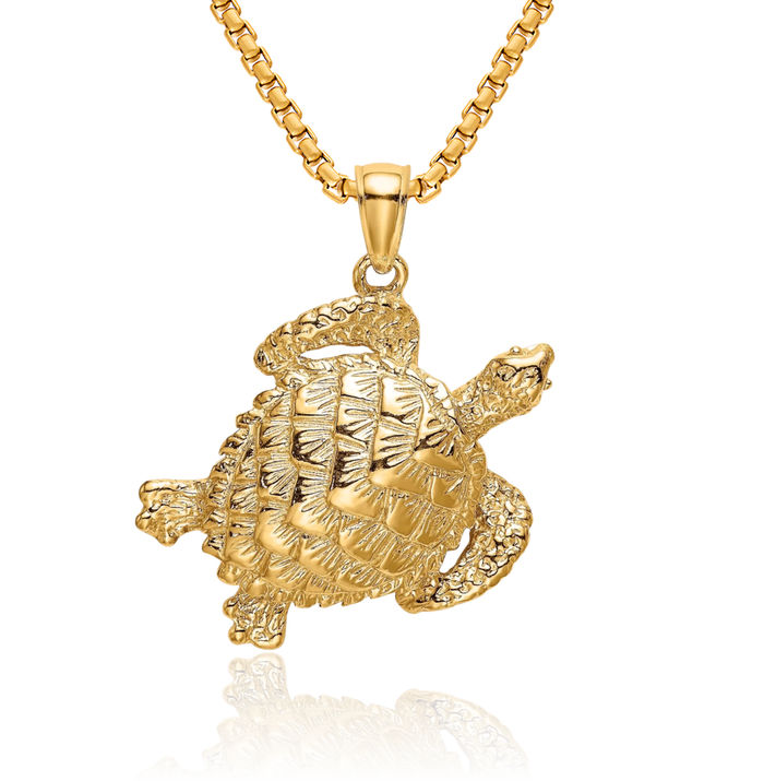 14K Solid Yellow Gold Sea Turtle Necklace Chain Pendant Charm