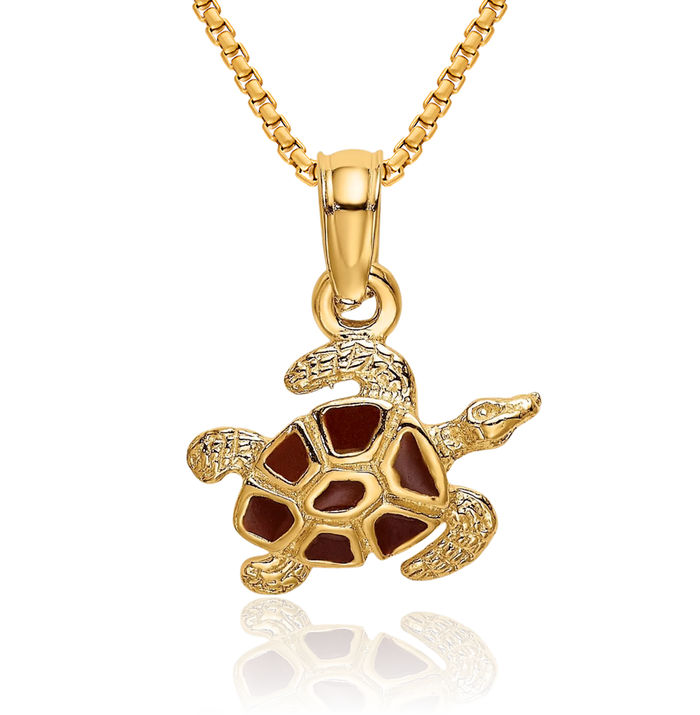 14K Solid Yellow Gold Sea Turtle Necklace Chain Pendant Charm