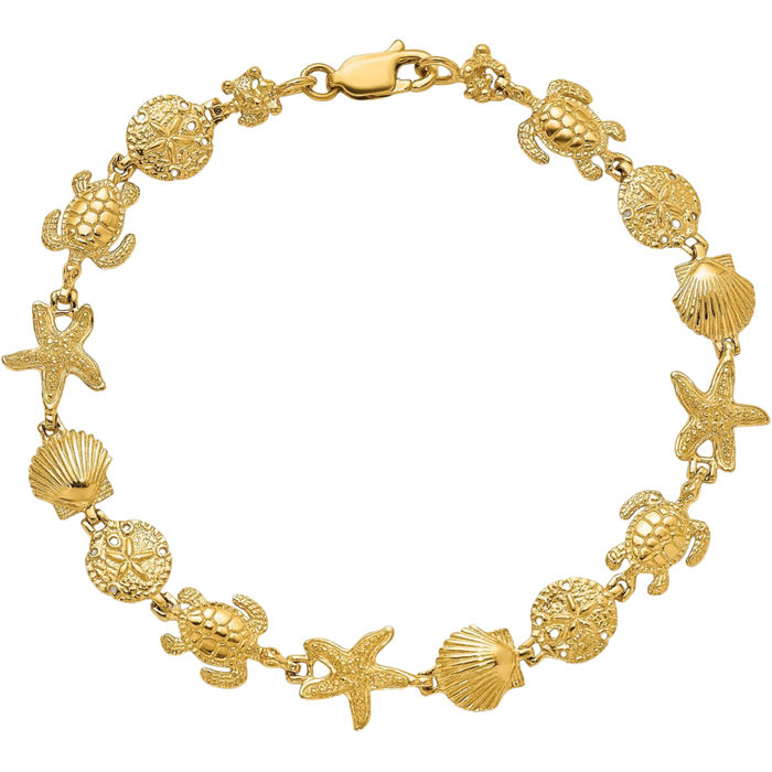14K Solid Yellow Gold Turtle Sand Dollar Sea Star Starfish Shell Link Chain Charm Bracelet