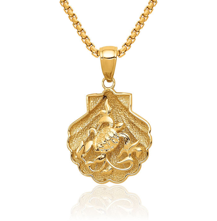 14K Solid Yellow Gold Sea Turtle Shell Necklace Chain Pendant Charm