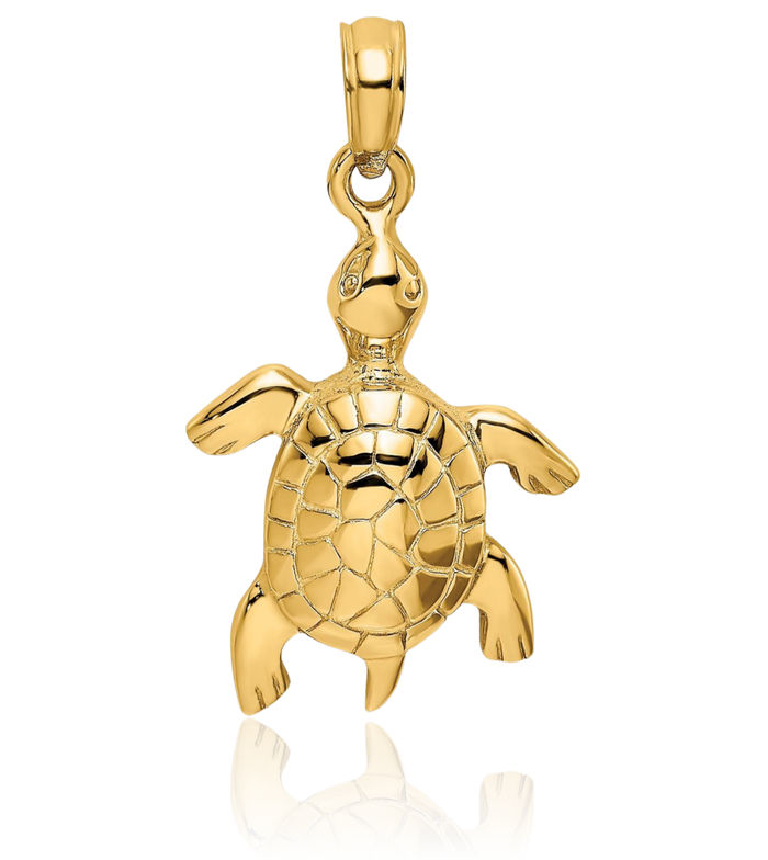 14K Solid Yellow Gold Sea Turtle Shell Necklace Chain Pendant Charm