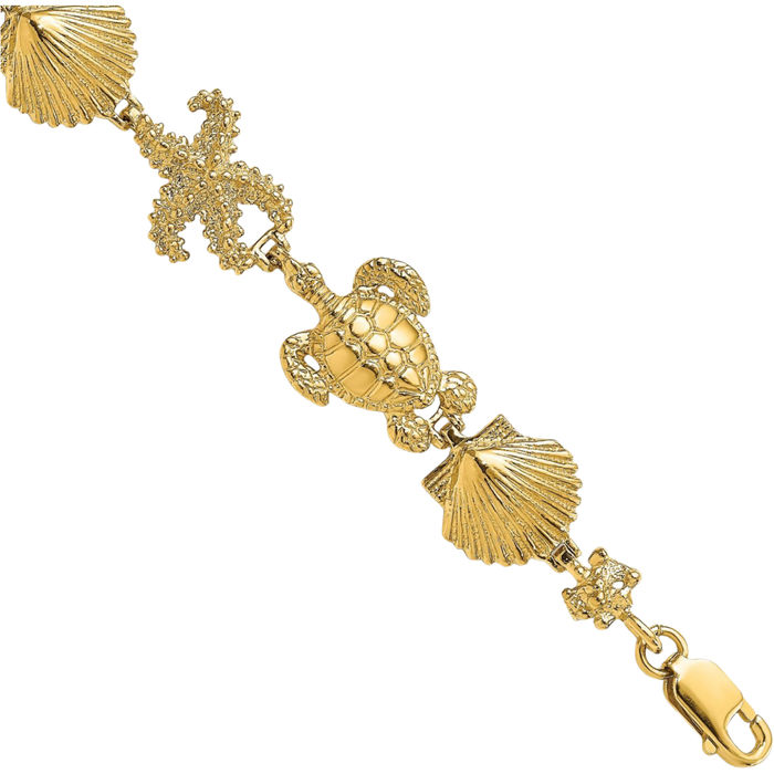 14K Solid Yellow Gold Sea Turtle Shell Starfish Chain Charm Bracelet