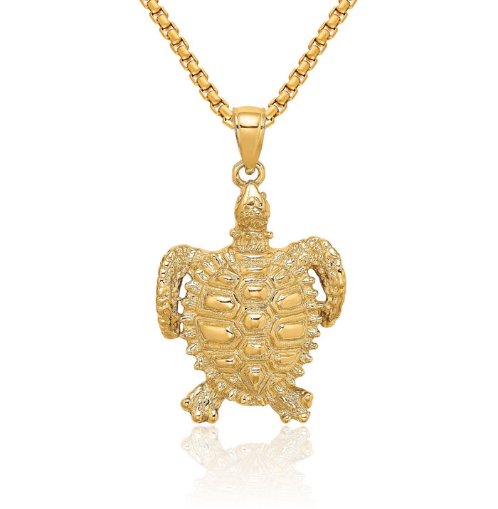 14K Solid Yellow Gold Sea Turtle Spiny Shell Necklace Chain Pendant Charm