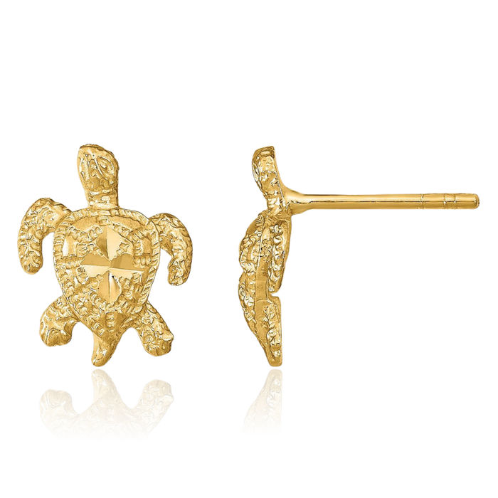 14K Solid Yellow Gold Sea Turtle Stud Earrings