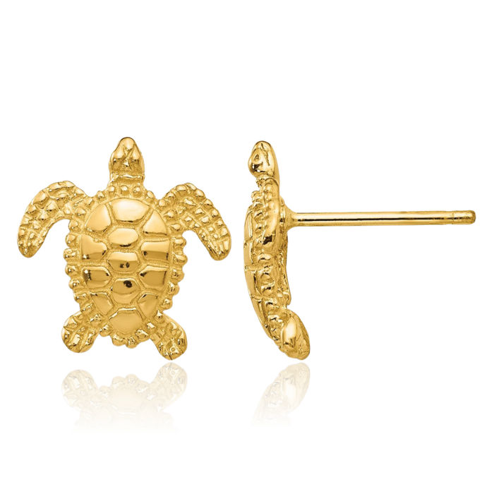 14K Solid Yellow Gold Sea Turtle Stud Earrings