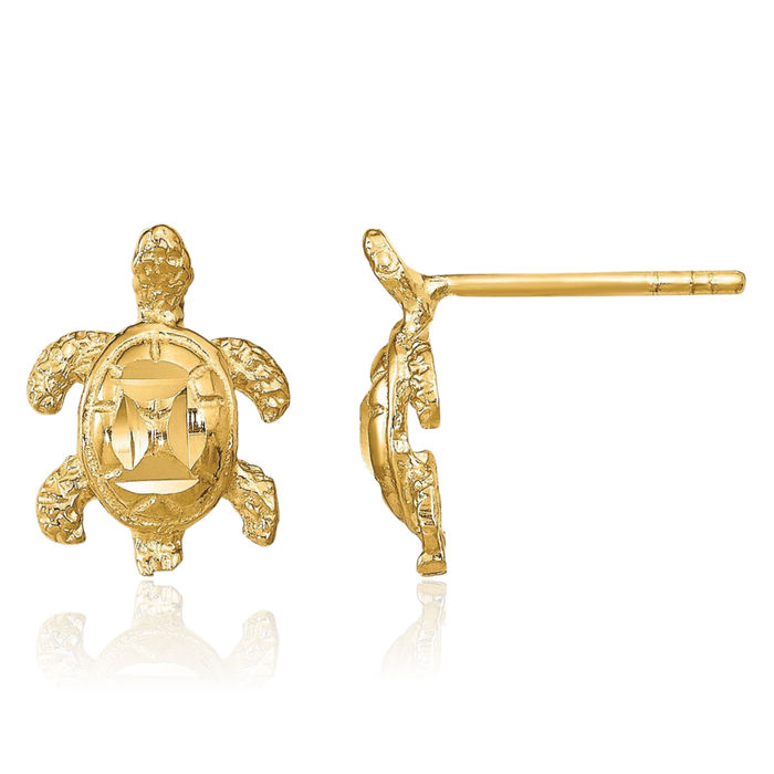 14K Solid Yellow Gold Sea Turtle Stud Earrings