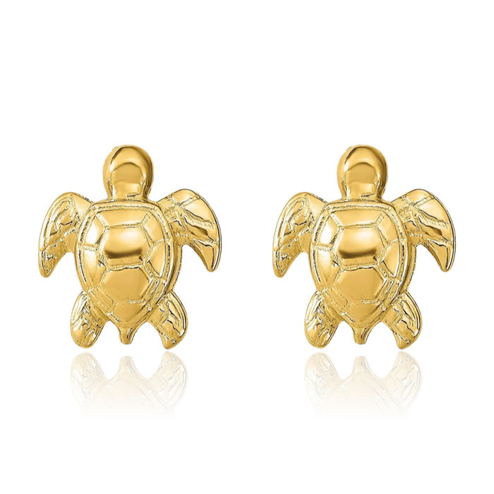 14K Solid Yellow Gold Sea Turtle Stud Earrings