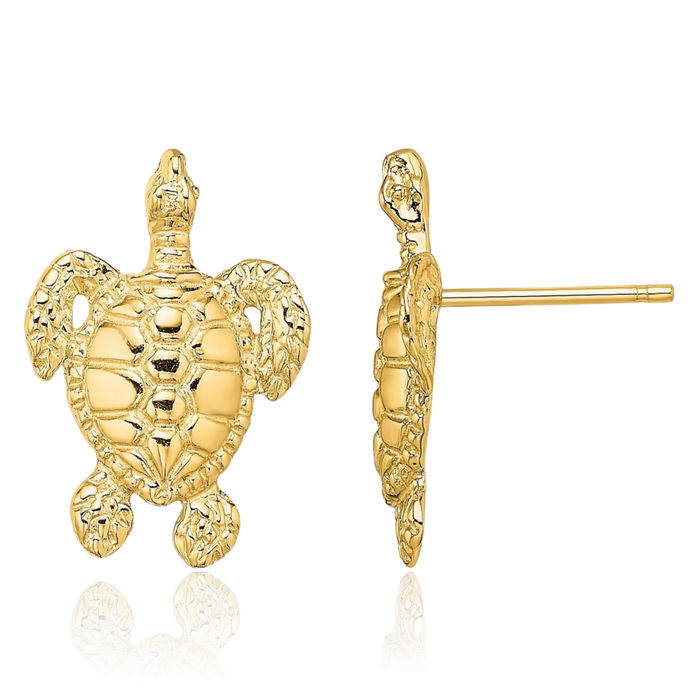 14K Solid Yellow Gold Sea Turtle Stud Earrings