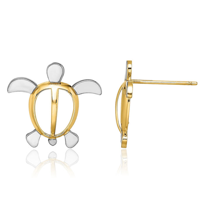 14K Solid Yellow Gold Sea Turtle Stud Earrings