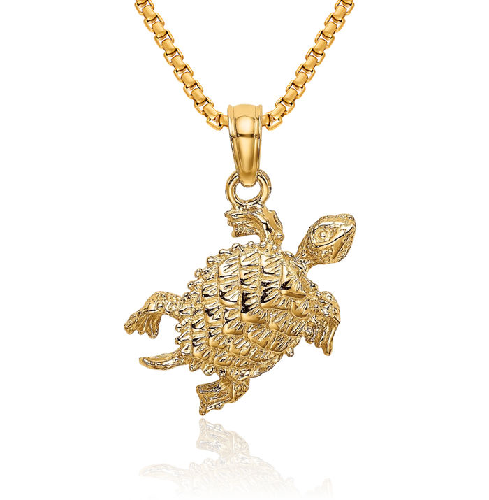 14K Solid Yellow Gold Sea Turtle Tail Necklace Chain Pendant Charm